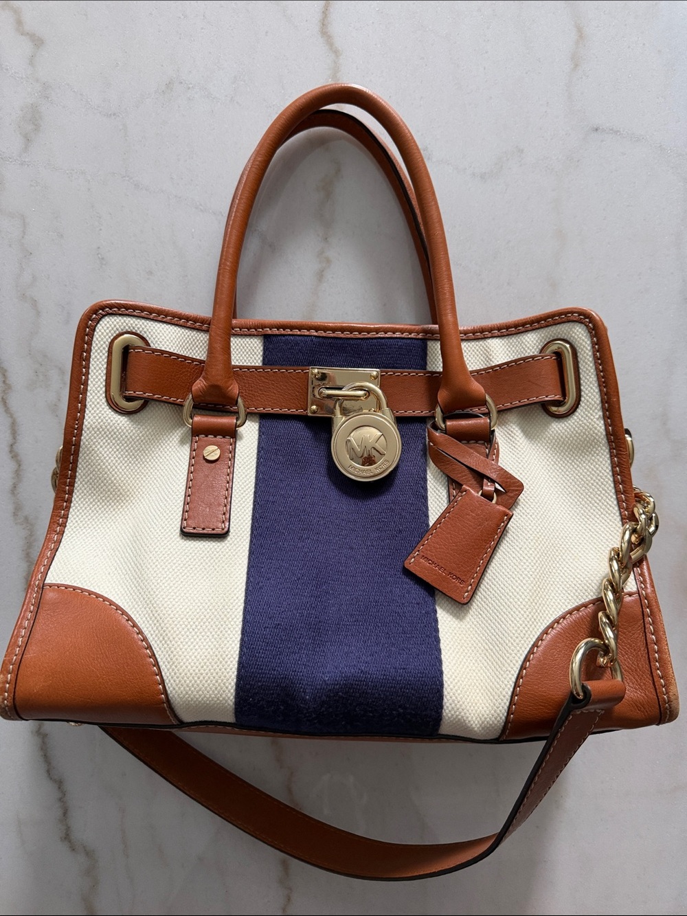 Michael Kors Cream & Navy Stripe Canvas Satchel with Tan Trim